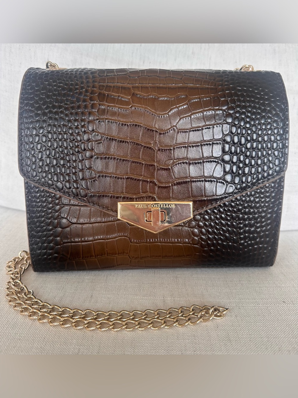 Paul Costelloe Brown Leather Croc-Embossed Gold Chain Shoulder Bag Crossbody